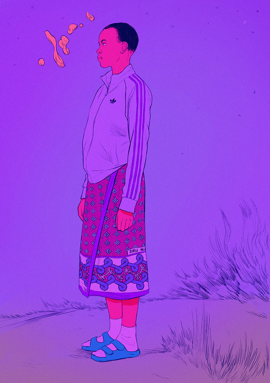 A woman in east Africa wearing a three-stripe top and kitenge looks out of frame, six amorphous cloud blobs floating above her
