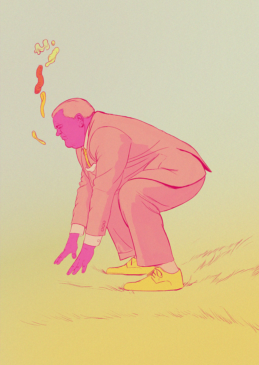 An older gentlemen wearing a business suit is hunkered to a squat, ready to play leapfrog