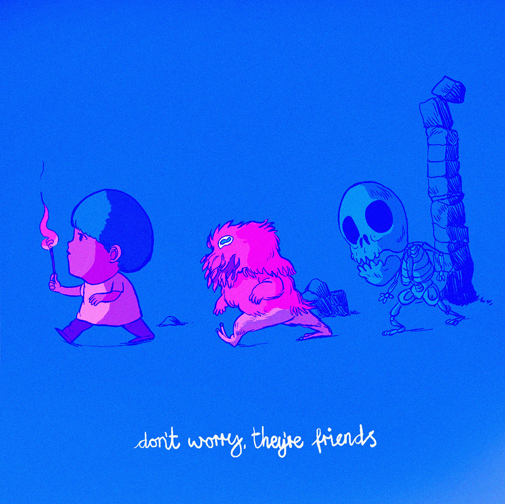 A boy leads a crack-mouthed dragon child and a young skeleton through sparse ruins by candle light