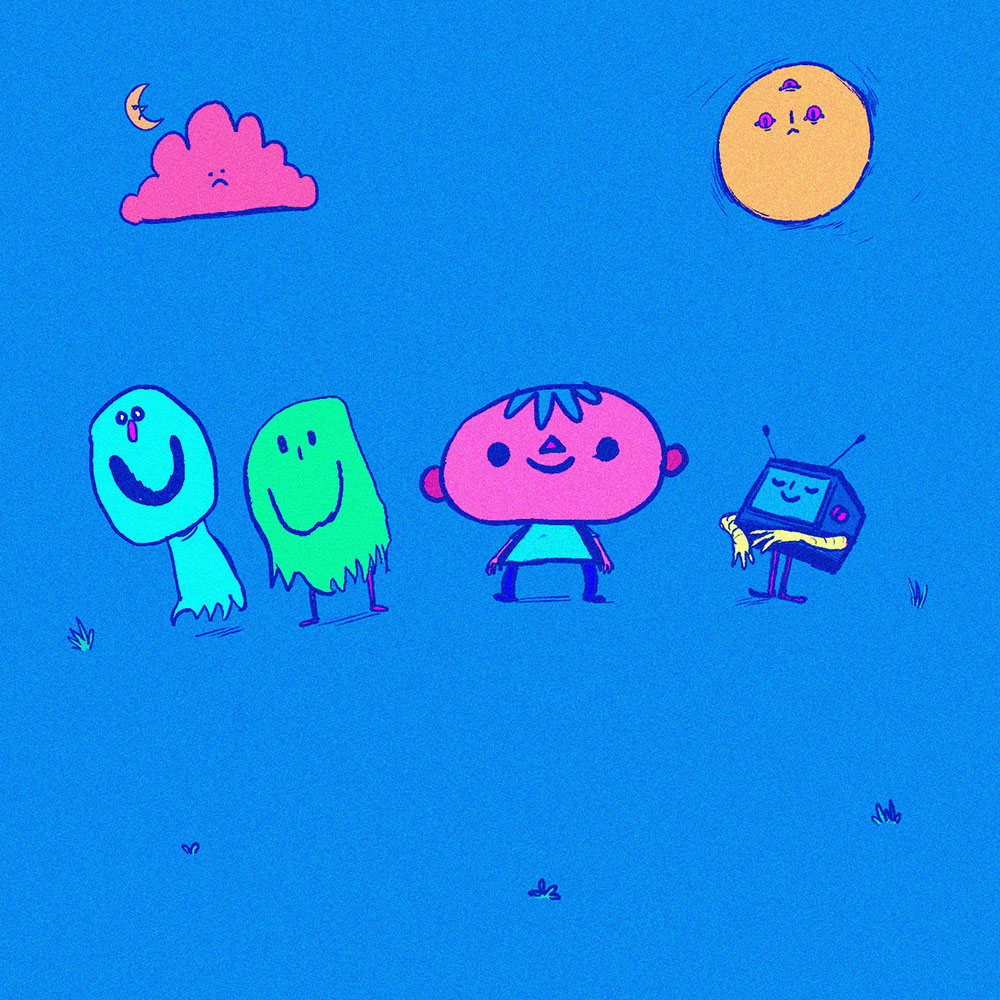 Two ghosts, a child and an old monitor that's been brought to life stand beneath the haunted sun, disgruntled moon and a sad cloud